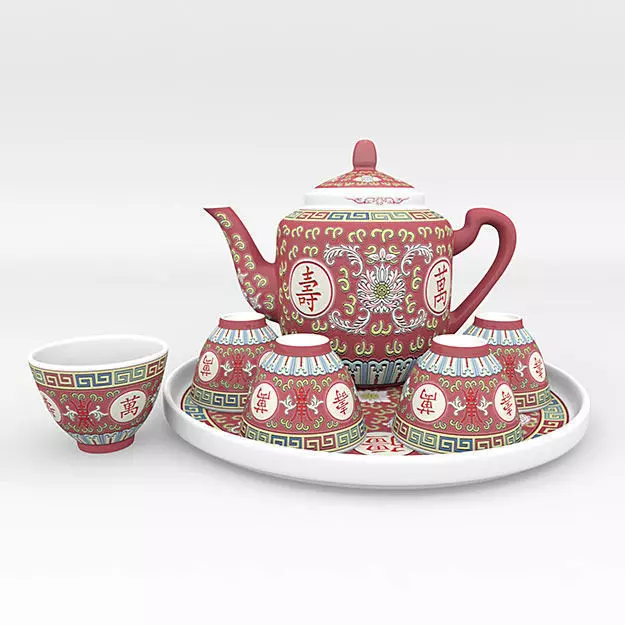 Chinese Porcelain Wan Shou Tea Set 3D model