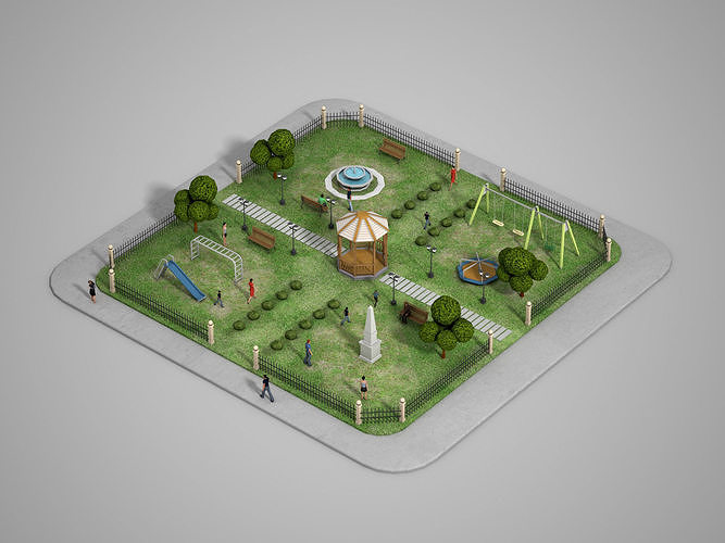 Urban Park with children games Low-poly 3D model