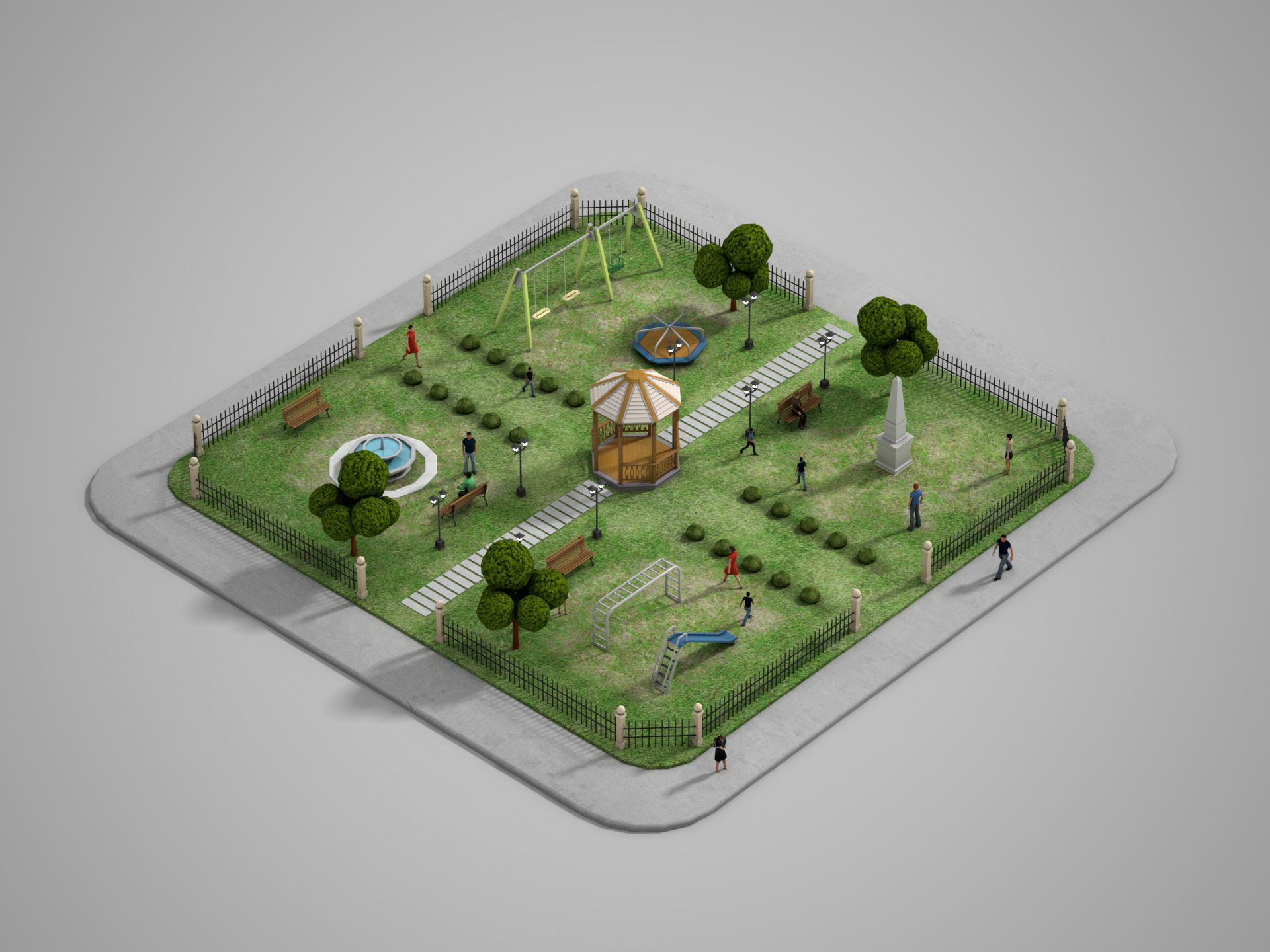 Urban Park with children games Low-poly 3D model_1