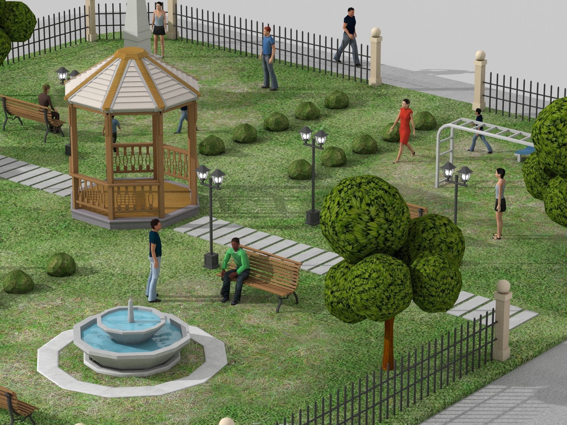 Urban Park with children games Low-poly 3D model_3
