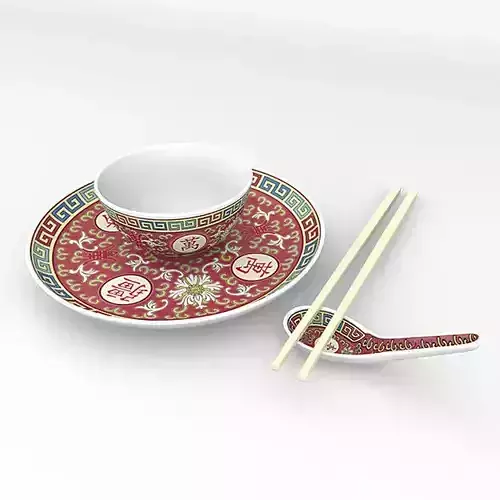 Chinese Porcelain Wan Shou Rice Soup Bowl Set Low-poly 3D model