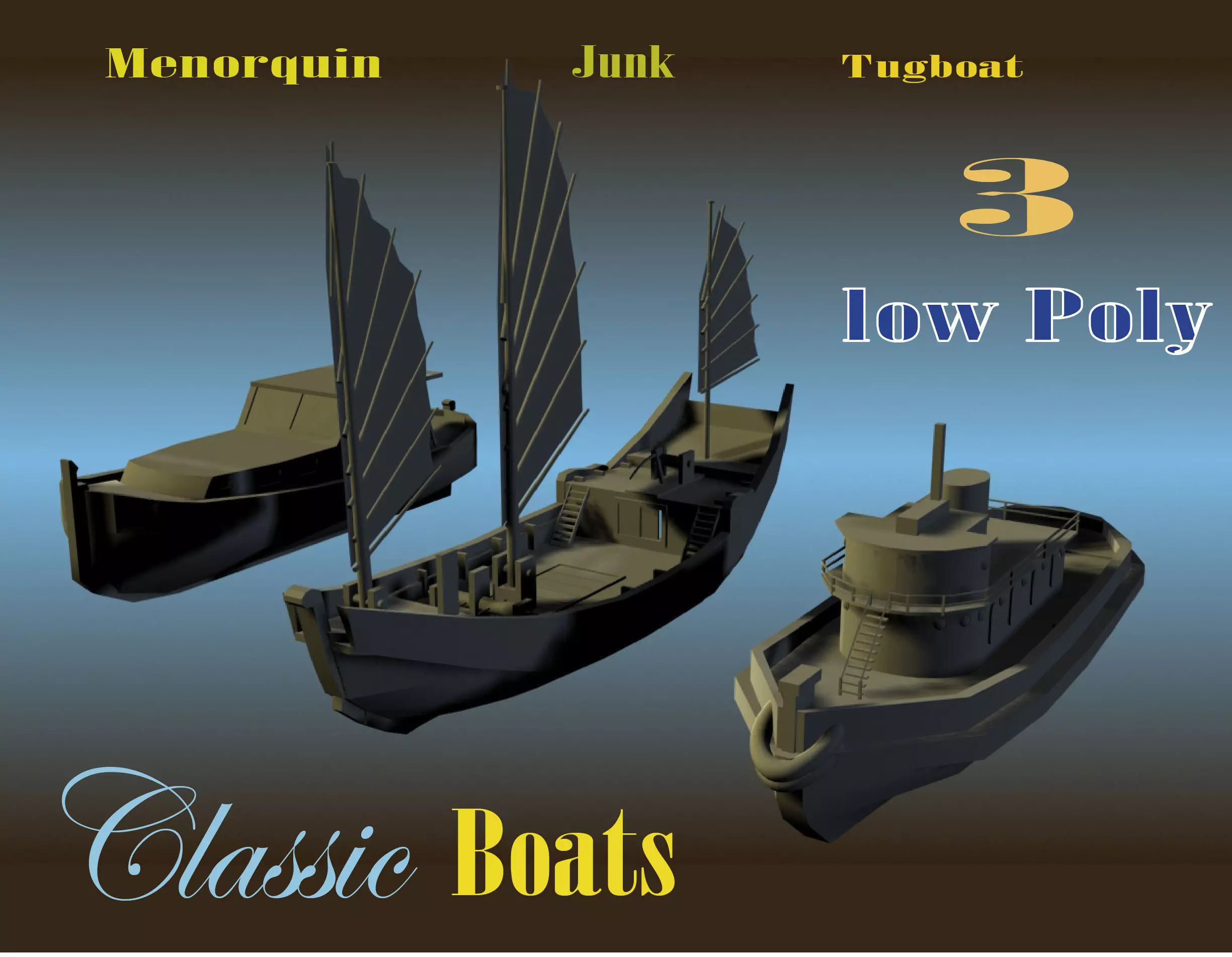 3 Low Poly Classic Boats Low-poly 3D model_0