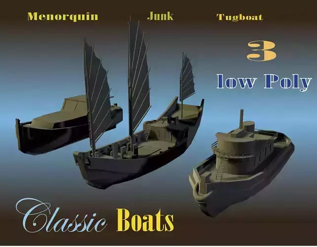 3 Low Poly Classic Boats Low-poly 3D model