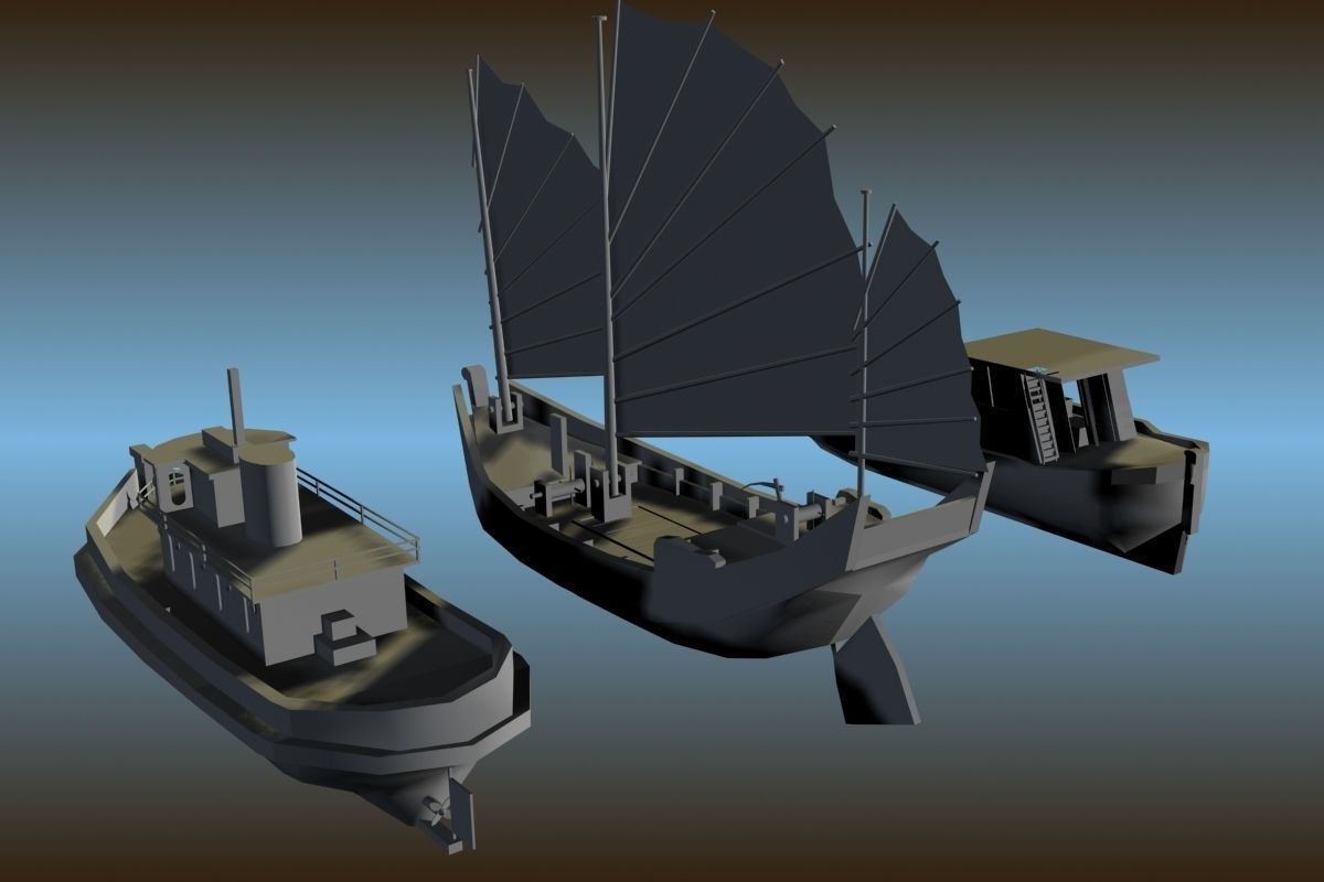3 Low Poly Classic Boats Low-poly 3D model_6