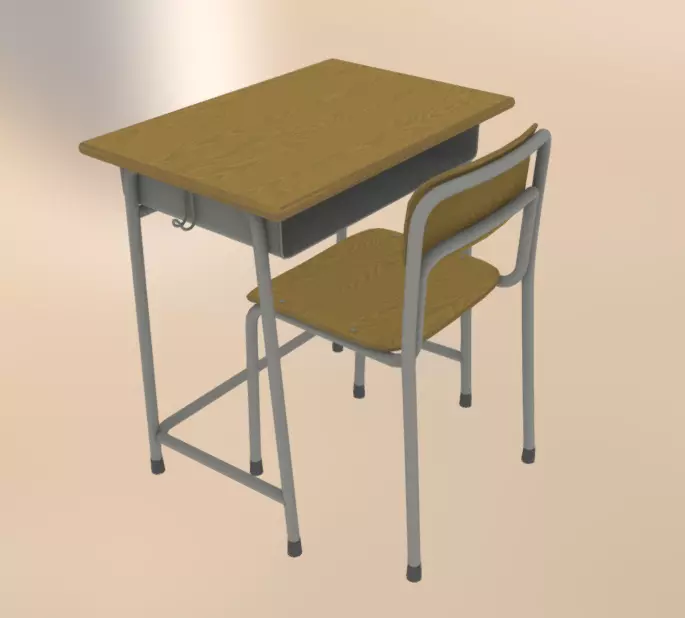 Japanese School Desk Set 3D model_0