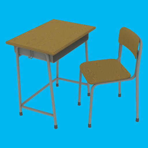 Japanese School Desk Set 3D model_1