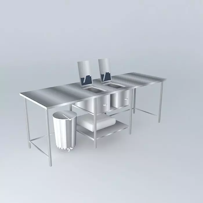 Kit stainless steel table with two sinks and trash can Free 3D model