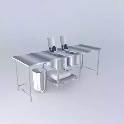 Kit stainless steel table with two sinks and trash can