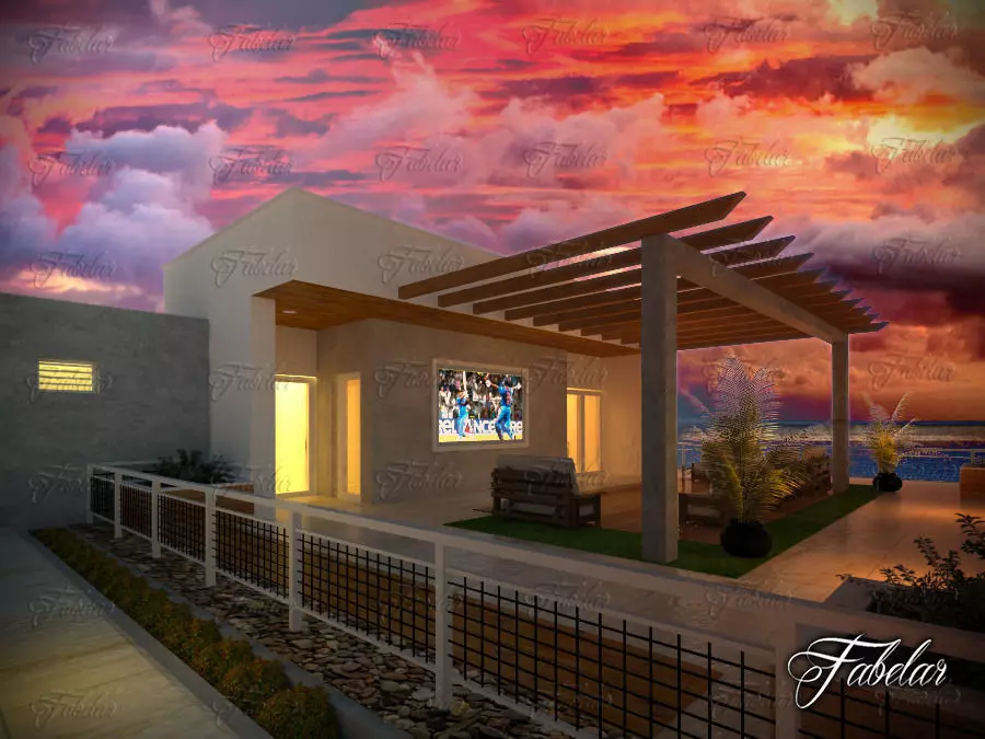 Villa house with ocean and sunset 3D model_0