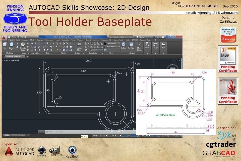 AUTOCAD Skills Showcase - Tool Holder Baseplate Free 3D model