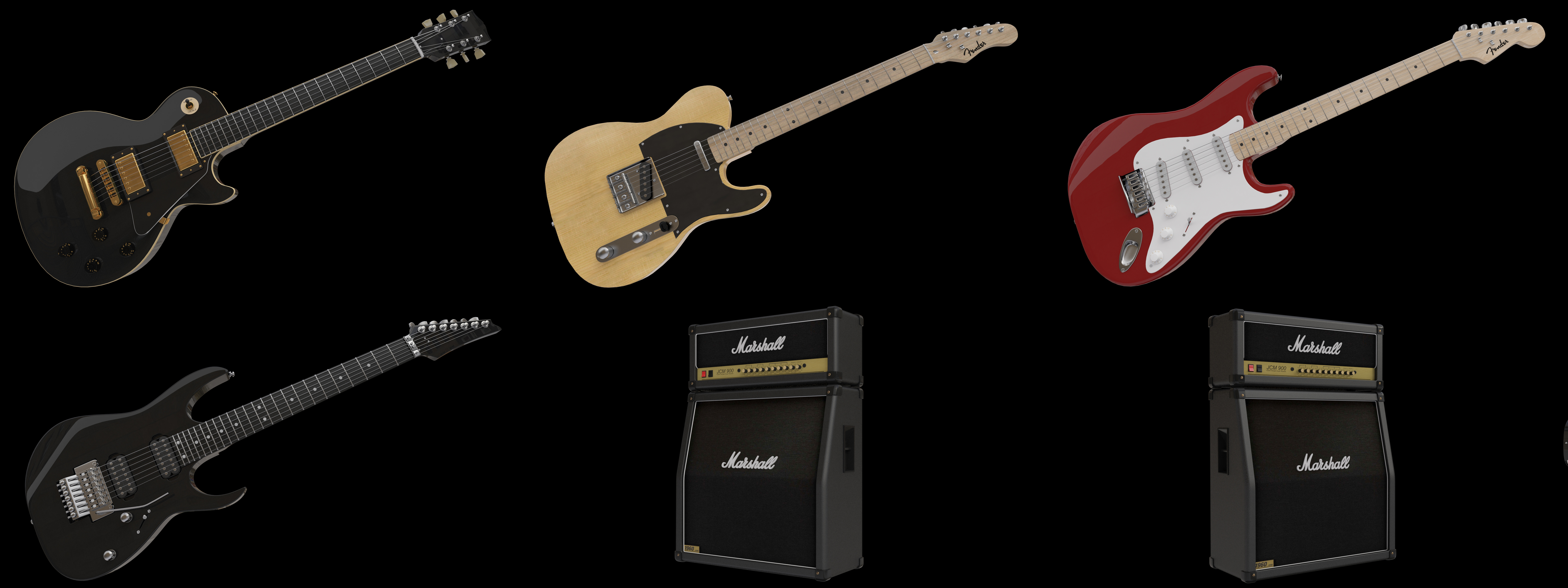4 Guitars - Gibson Les Paul Stratocaster Telecaster Ibanez 3D model_8