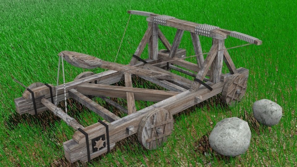 3D Catapult wooden cart in grass Low-poly 3D model
