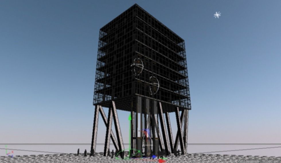 Modern glass building on stilts with animated elevators Free 3D model