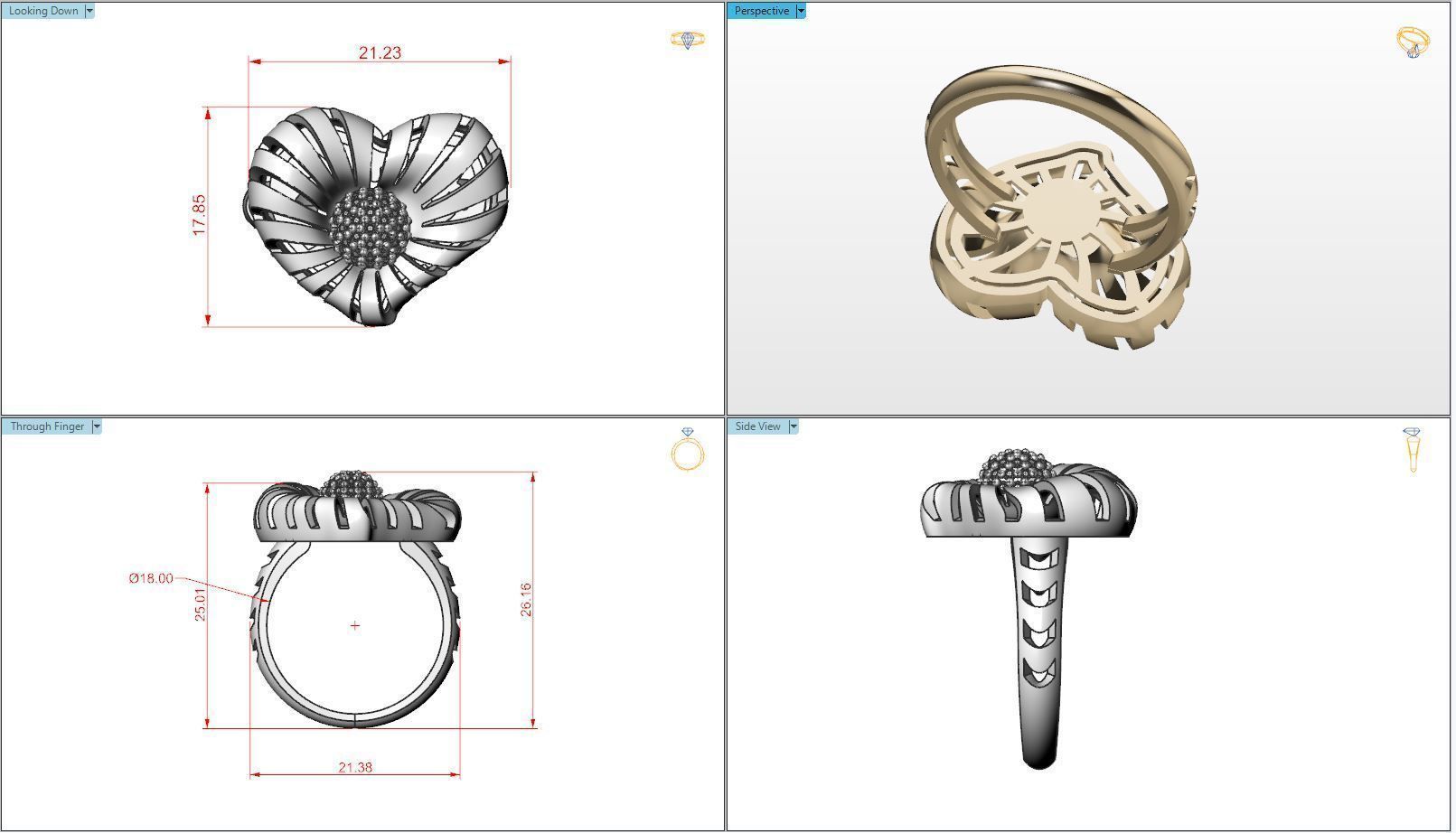 Heart ring with diamond stones 3D print model_2