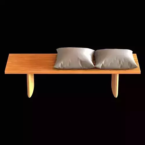 wood bench with cushions and stone table