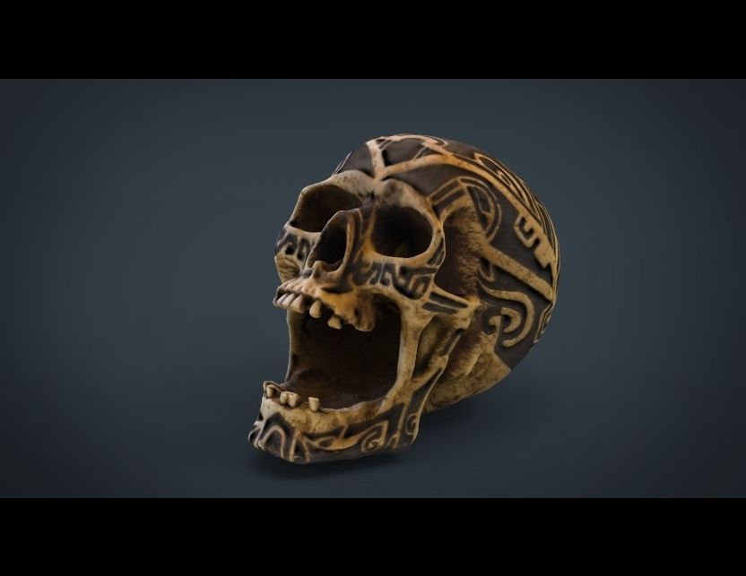 Human Head Skull with Ancient Tribal Tattoo 3D model_6