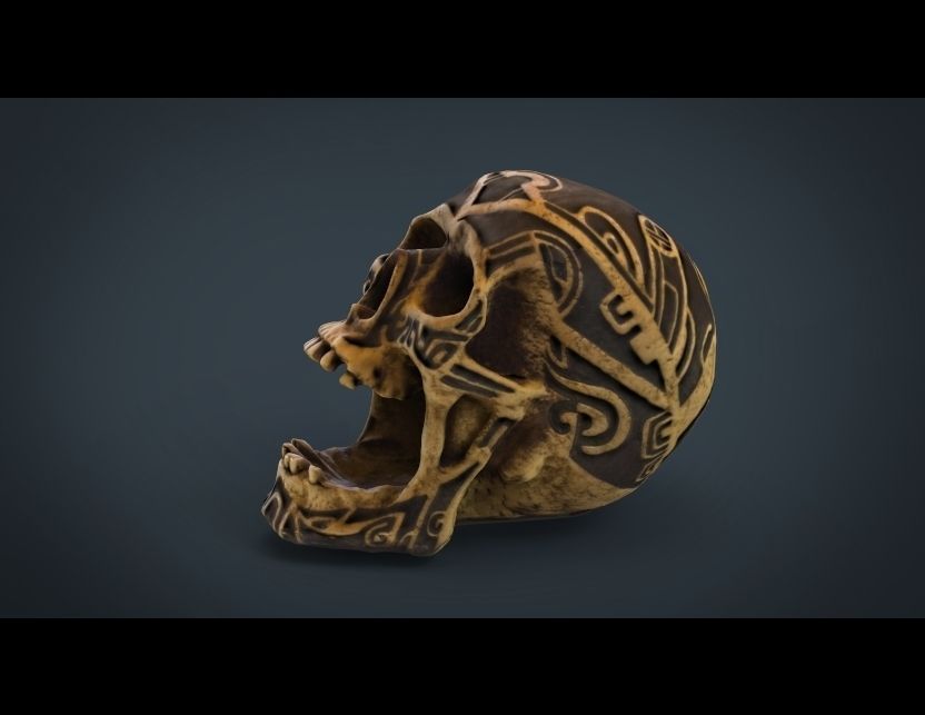 Human Head Skull with Ancient Tribal Tattoo 3D model_9