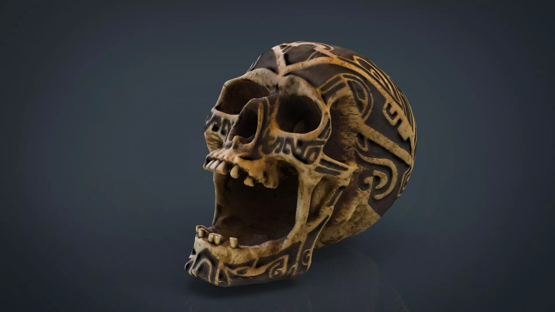 Human Head Skull with Ancient Tribal Tattoo 3D model_0