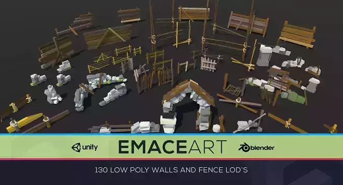 Low Poly Fences and Wall Bundle Pack 1-3 LODS Low-poly 3D model