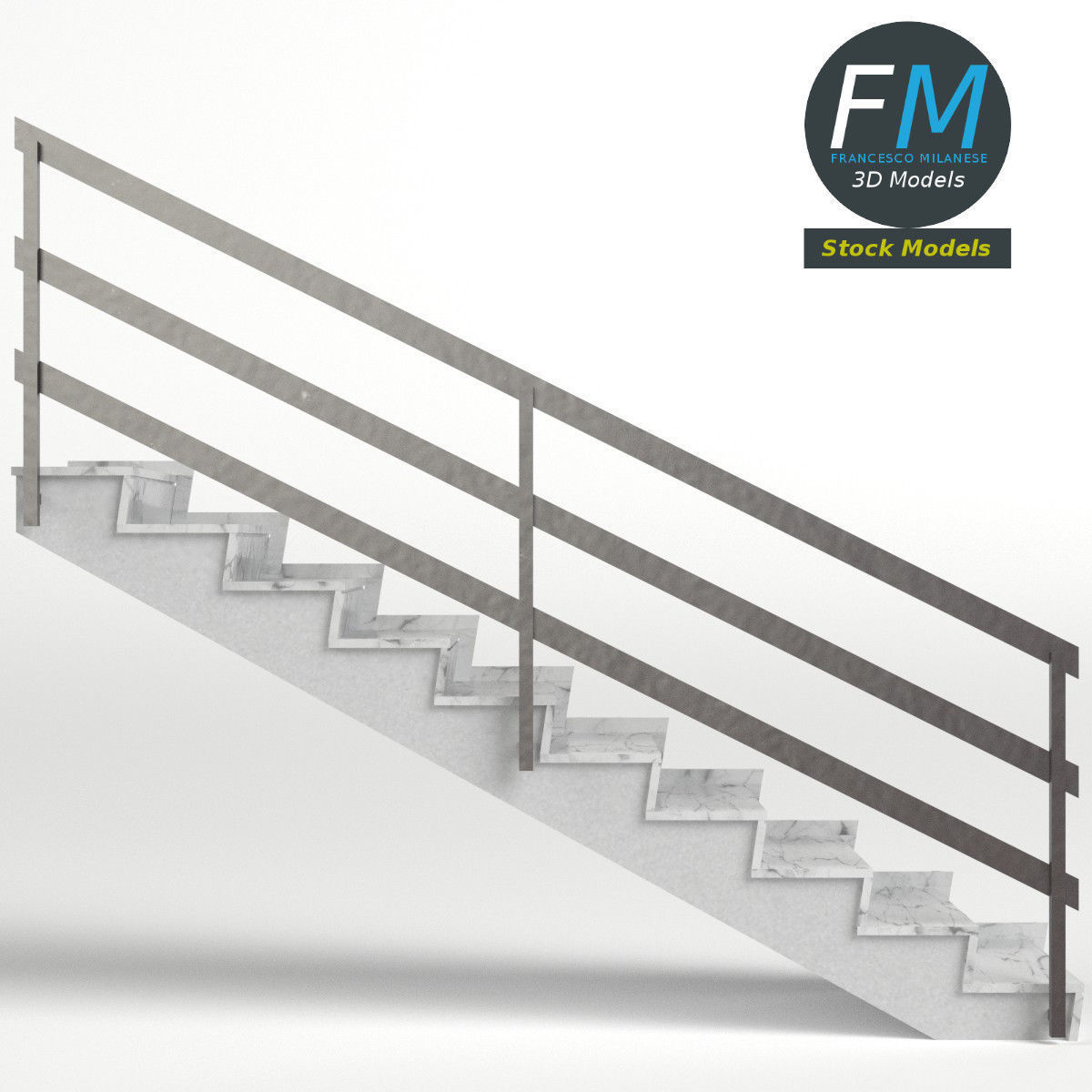 Stairs marble with railing Low-poly 3D model_4