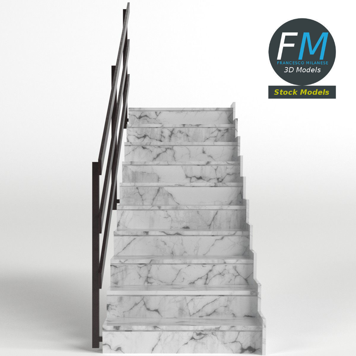 Stairs marble with railing Low-poly 3D model_3