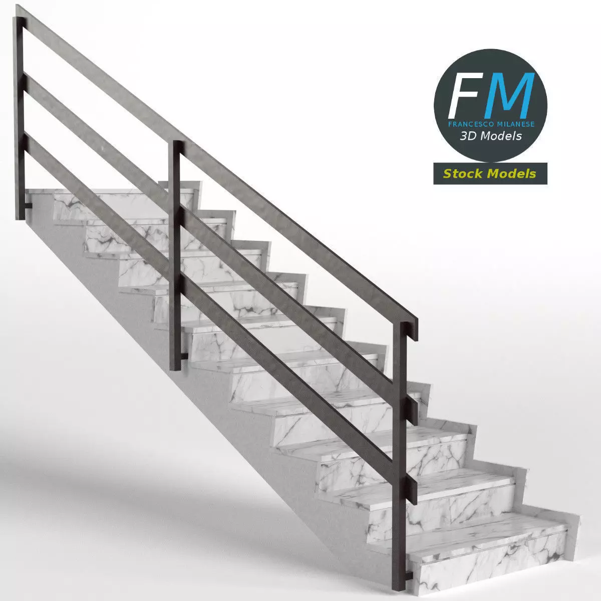 Stairs marble with railing Low-poly 3D model_0