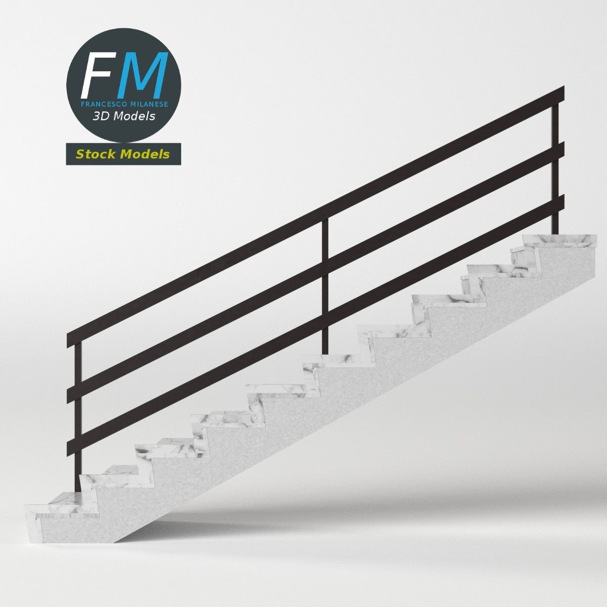 Stairs marble with railing Low-poly 3D model_5