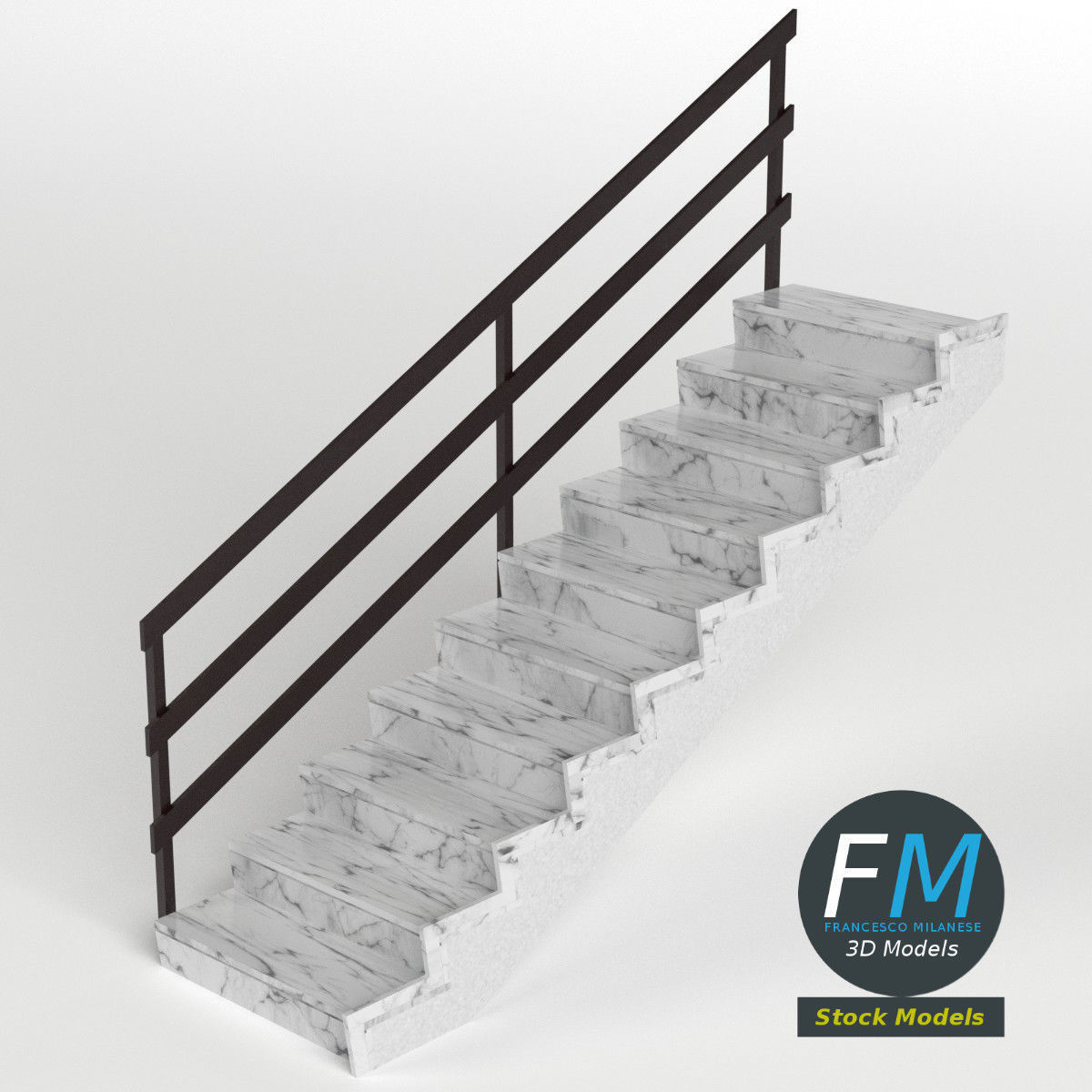 Stairs marble with railing Low-poly 3D model_2