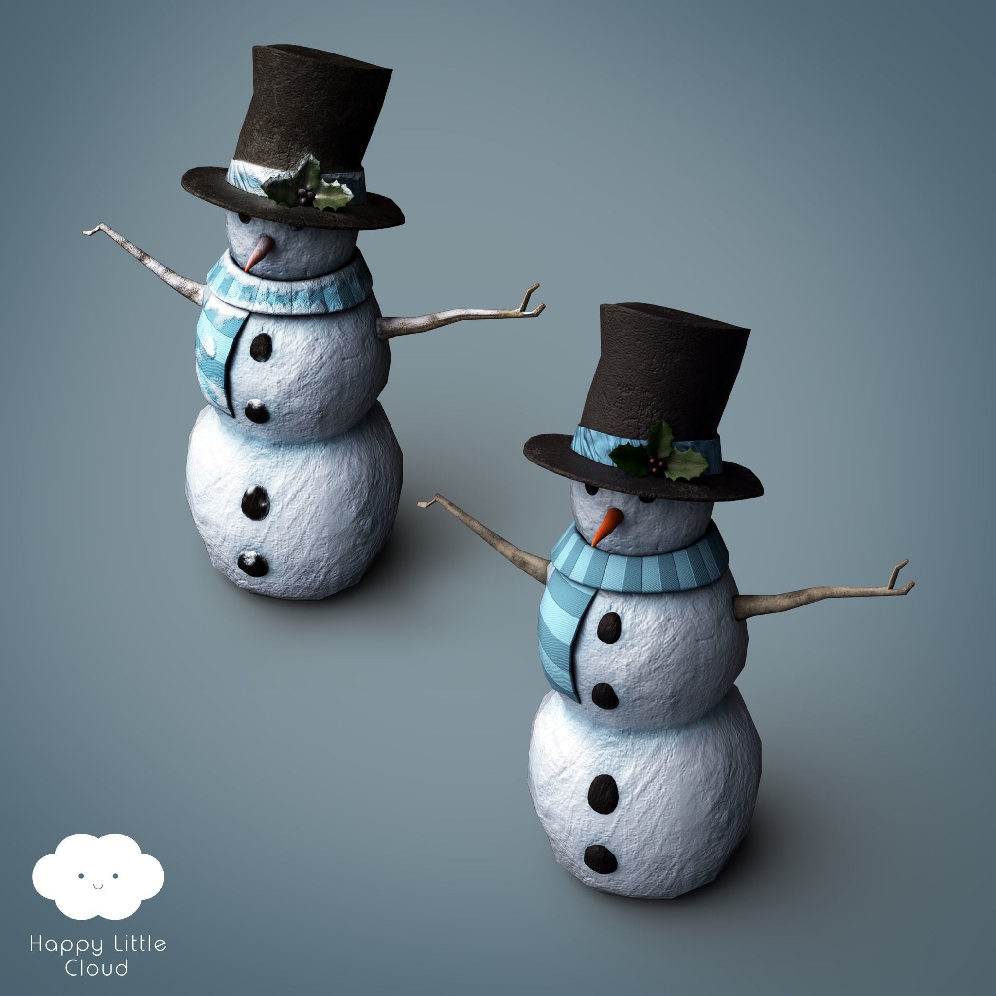 PBR Low Poly Snowman two snowmen with hats and scarves Low-poly 3D model_1