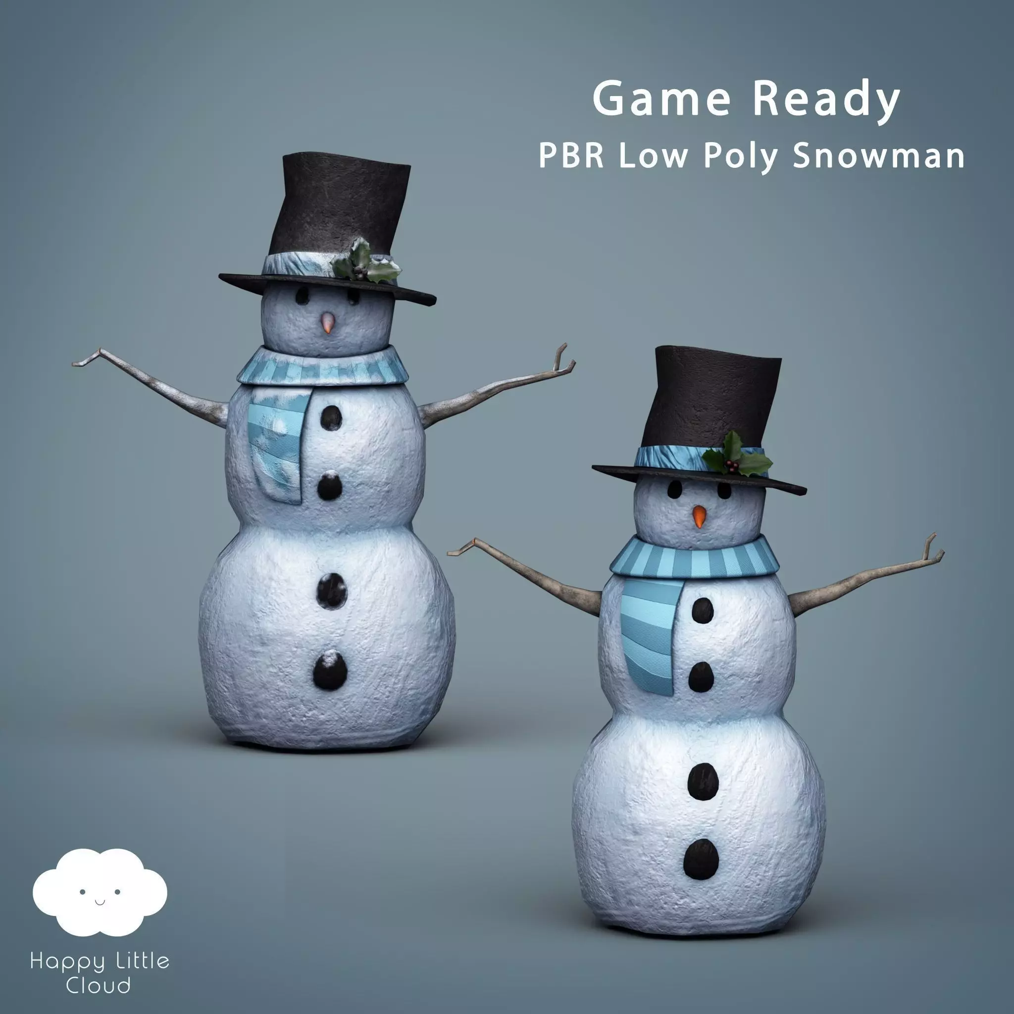 PBR Low Poly Snowman two snowmen with hats and scarves Low-poly 3D model_0