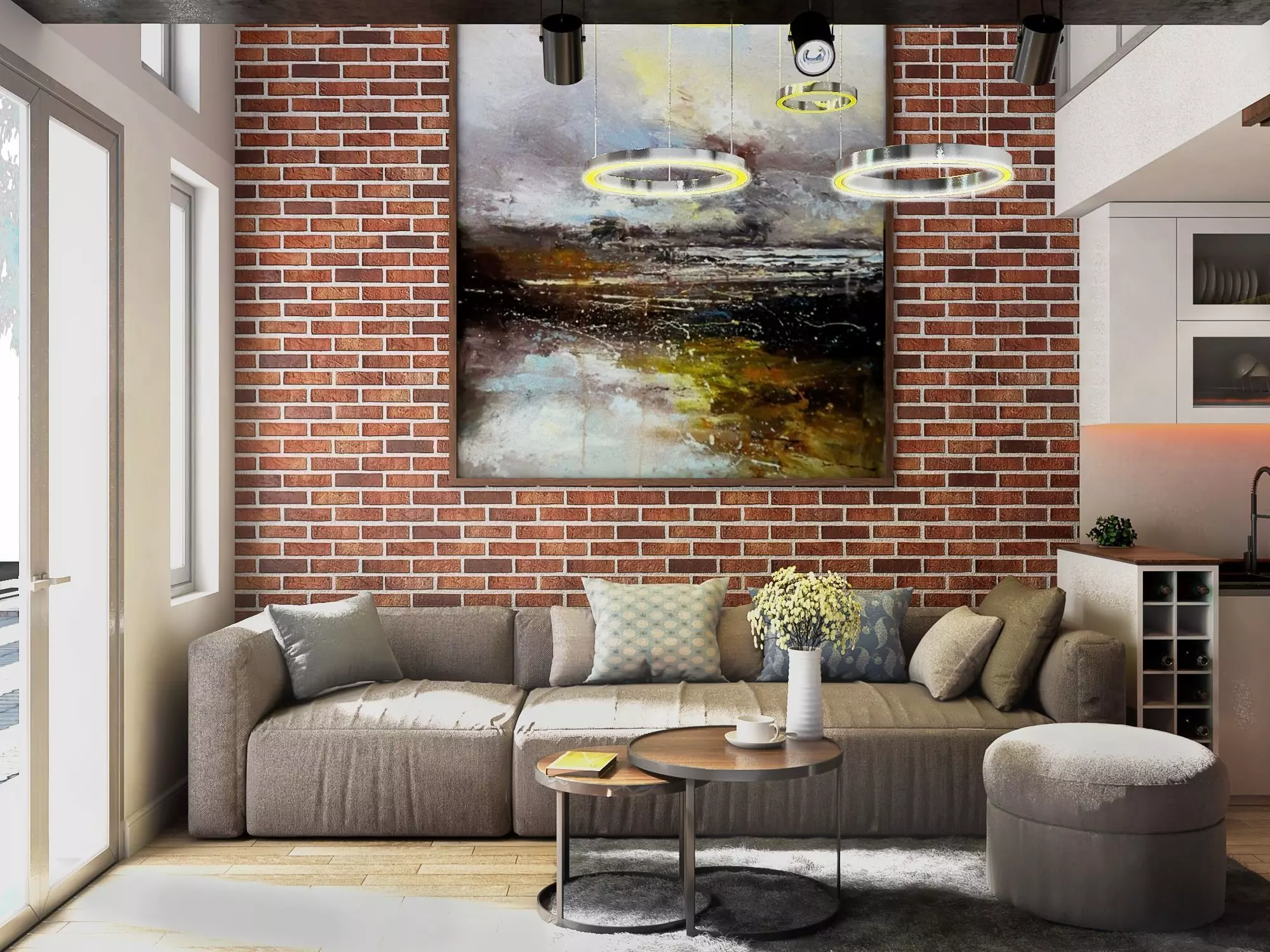 Livingrom modern living room with brick wall 3D model_0