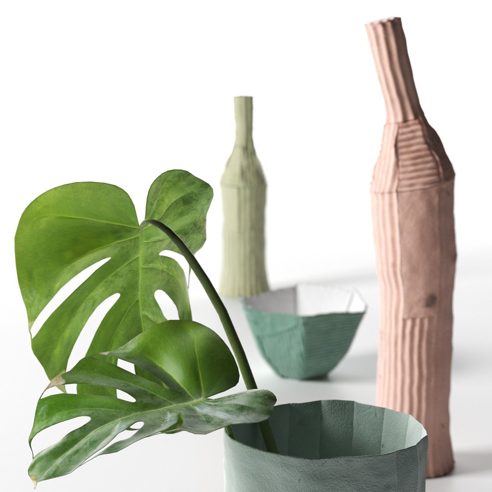 Paper Clay Vases with Monstera 3D model_2