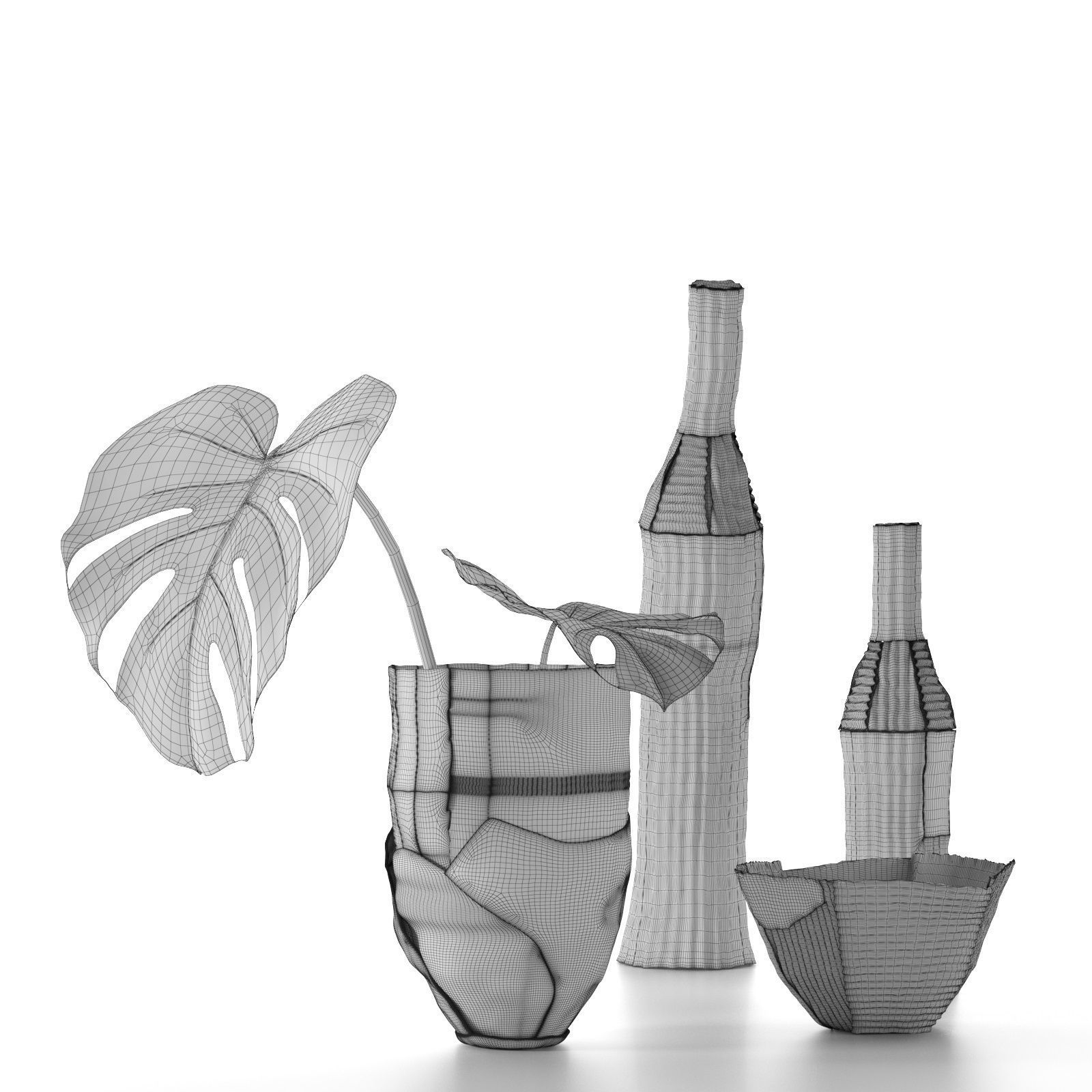 Paper Clay Vases with Monstera 3D model_3