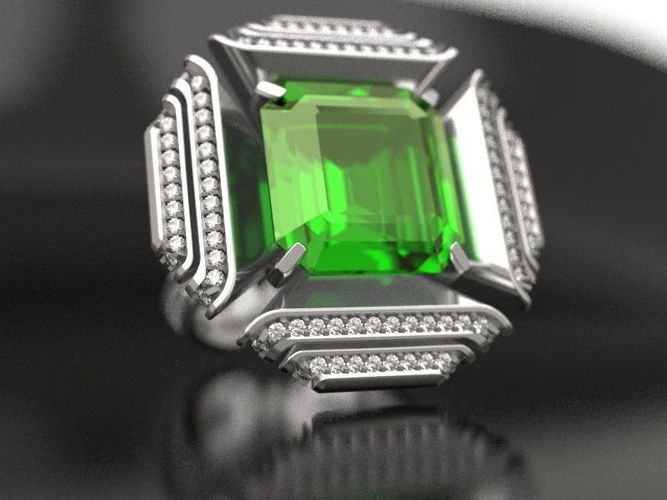 Square-ring emerald ring with diamonds 3D print model