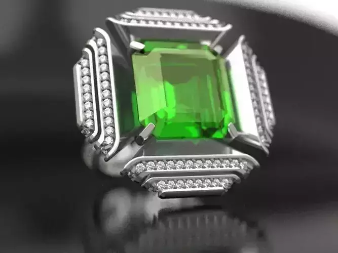 Square-ring emerald ring with diamonds 3D print model