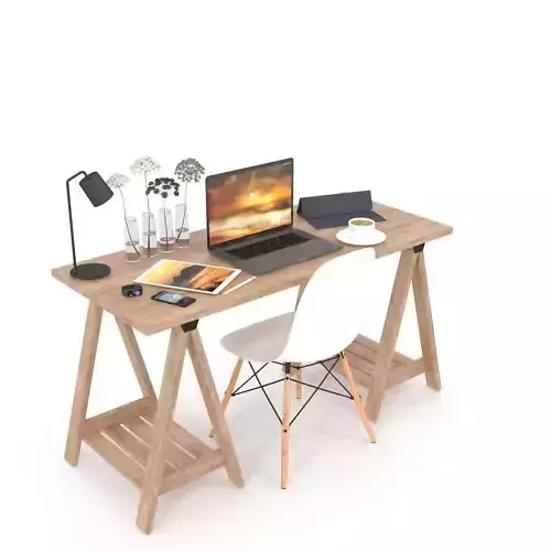 Desk set with laptop and chair 3D model