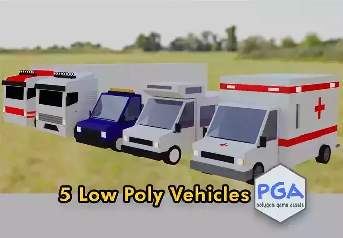 Low Poly Vehicles ambulance in field Free low-poly 3D model