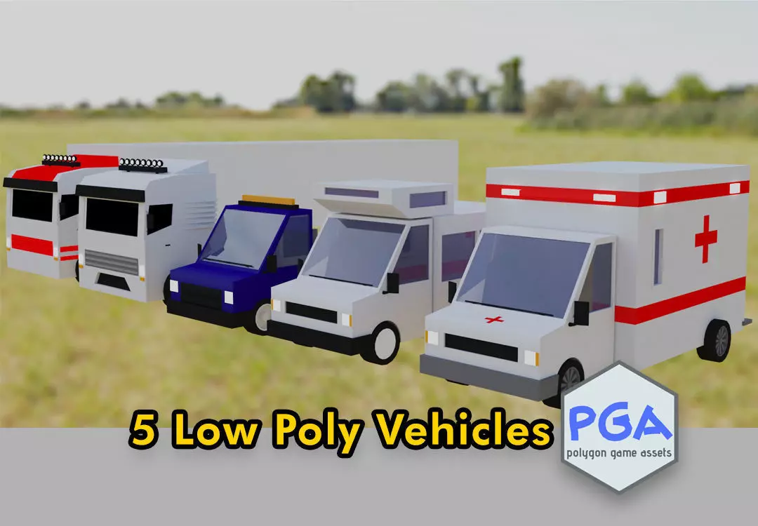 Low Poly Vehicles ambulance in field Free low-poly 3D model_0
