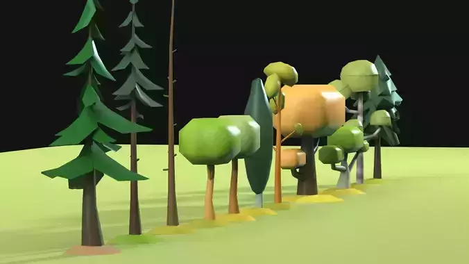 Low Poly tree collection trees in row Low-poly 3D model