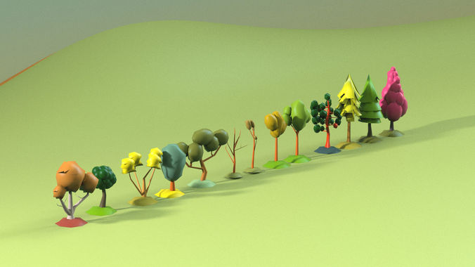 Low Poly tree collection different colored trees in row Low-poly 3D model