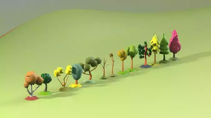 Low Poly tree collection different colored trees in row