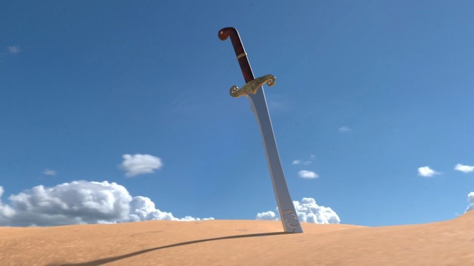 Scimitar sword with long handle Low-poly 3D model_1