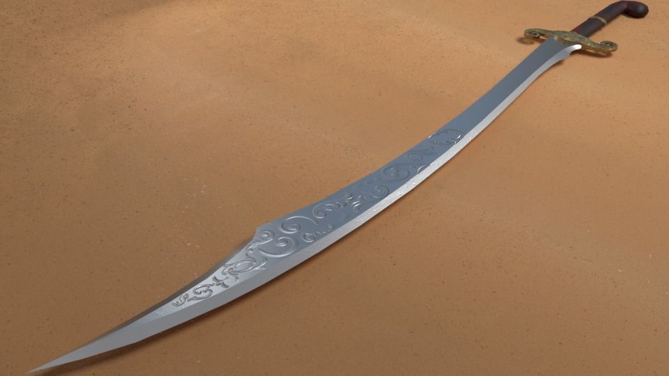 Scimitar sword with long handle Low-poly 3D model_3