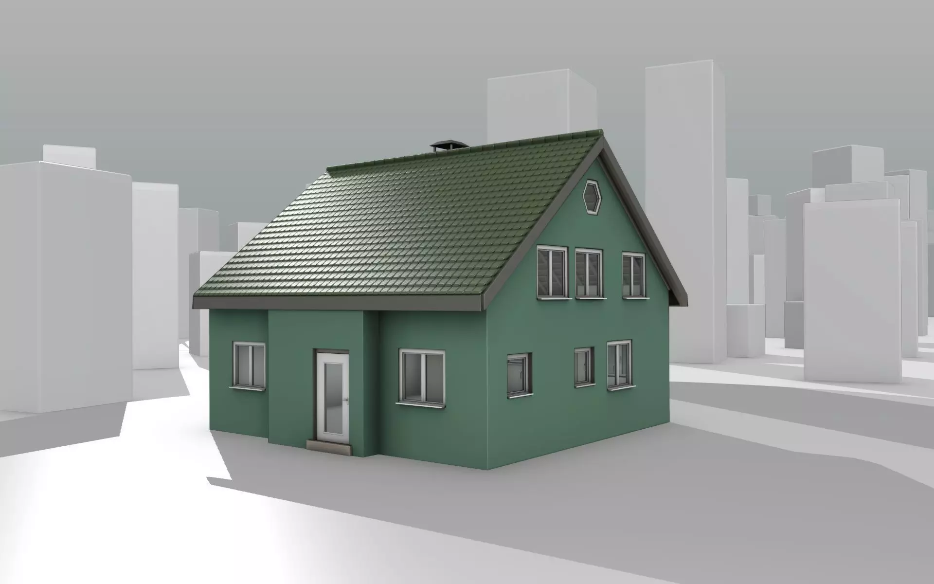 City House - 35 - Half Double House - Roof green - Wall green Low-poly 3D model_0