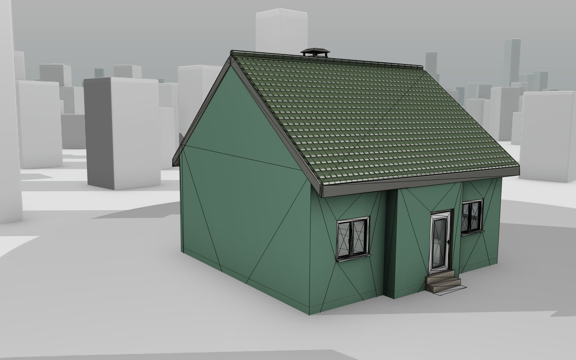 City House - 35 - Half Double House - Roof green - Wall green Low-poly 3D model_19