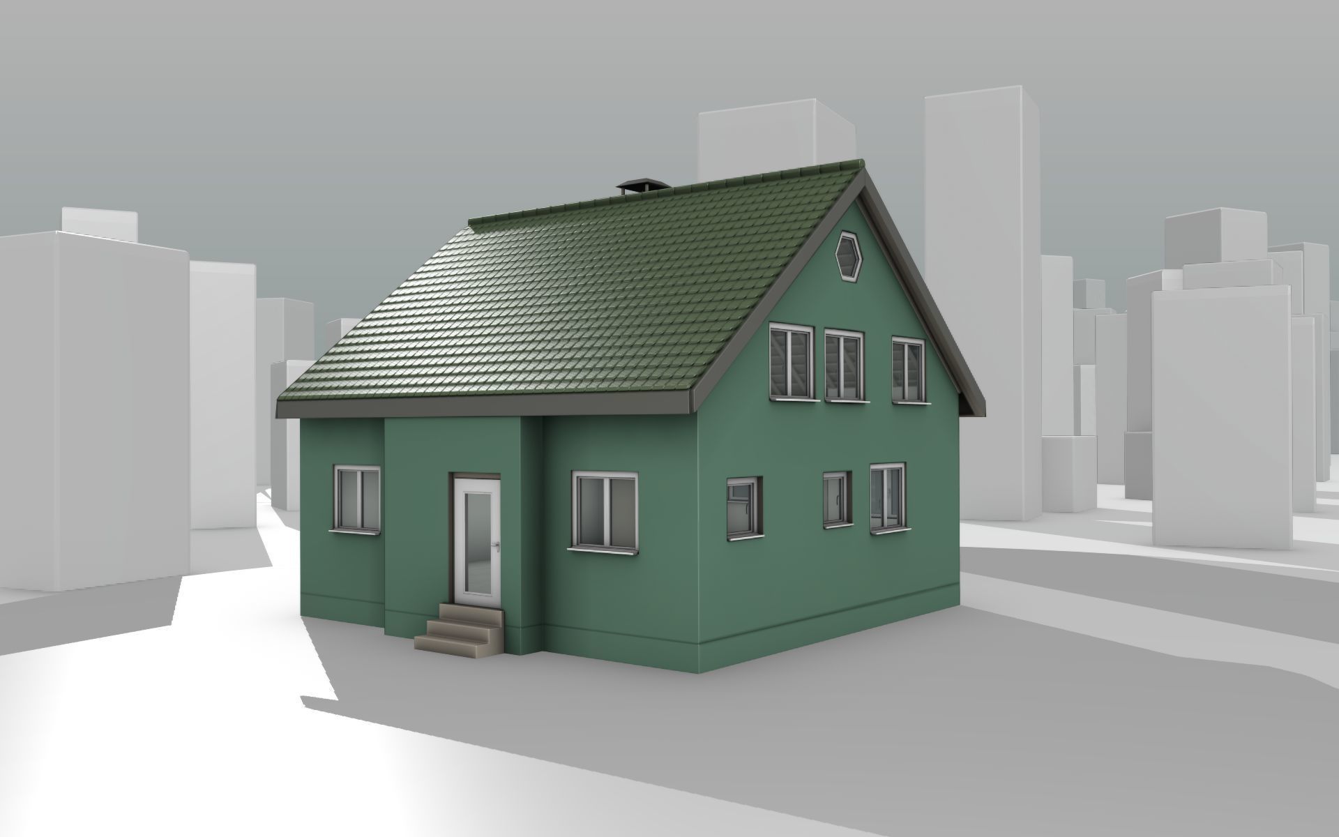 City House - 35 - Half Double House - Roof green - Wall green Low-poly 3D model_14