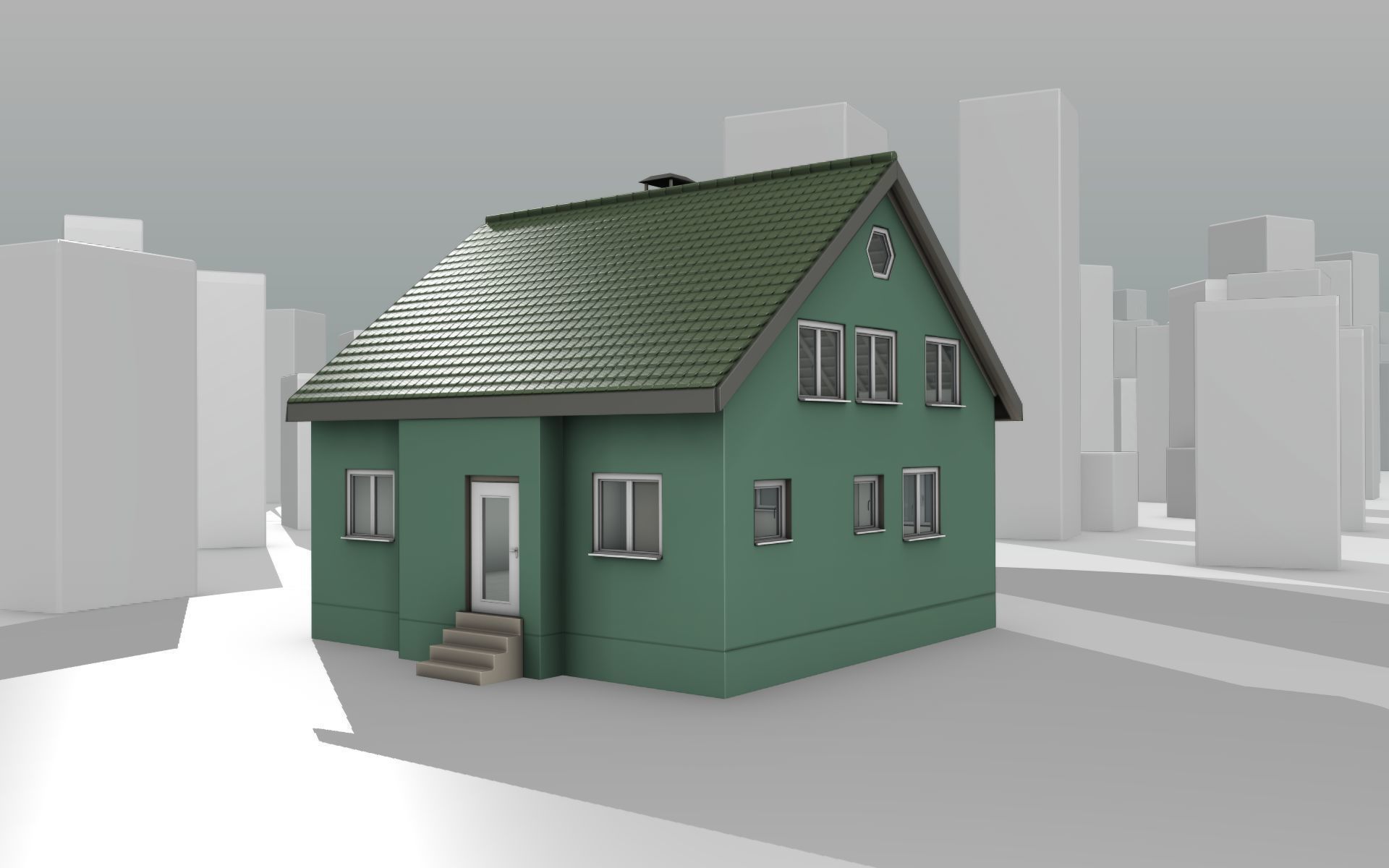 City House - 35 - Half Double House - Roof green - Wall green Low-poly 3D model_13