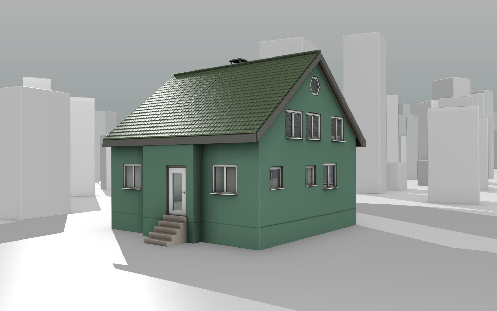 City House - 35 - Half Double House - Roof green - Wall green Low-poly 3D model_12