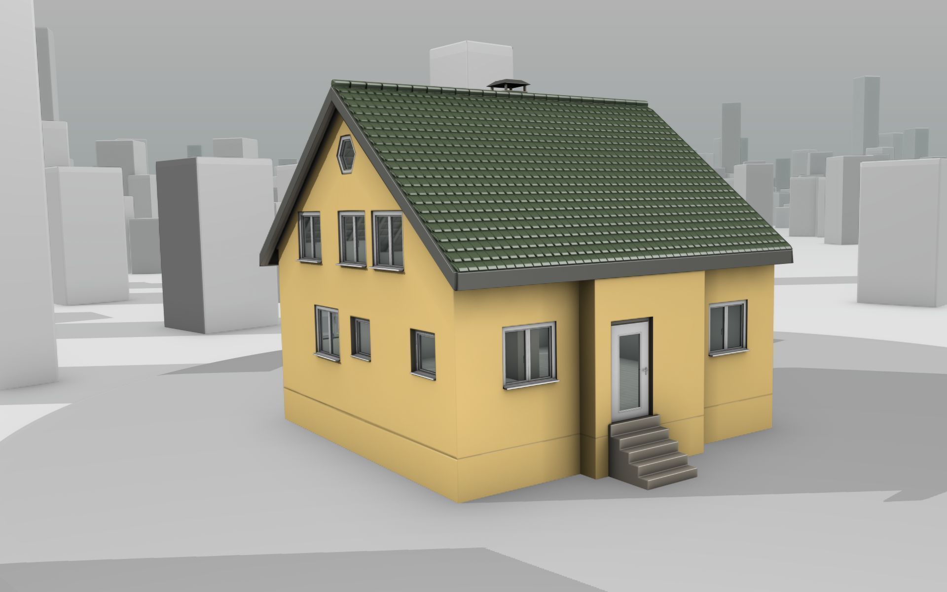 City House - 33 - Half-Double-House - Roof green - Wall yellow Low-poly 3D model_2