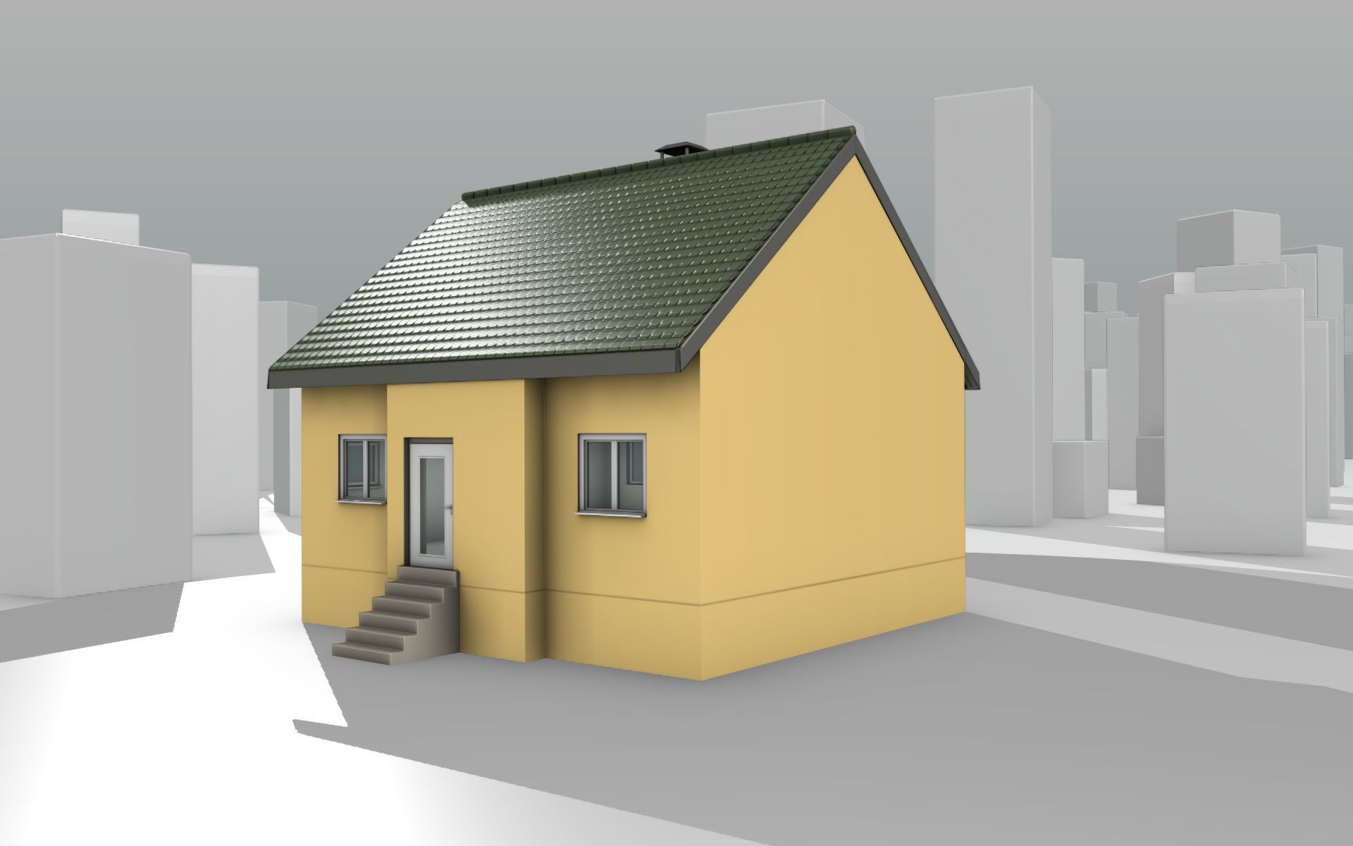 City House - 33 - Half-Double-House - Roof green - Wall yellow Low-poly 3D model_8